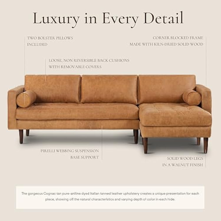 POLY & BARK Napa 104.5 Right-Facing Sectional Sofa Cognac Tan Full-Grain Pure-Aniline Italian Leather, Feather-Down Cushions, Solid Wood Frame