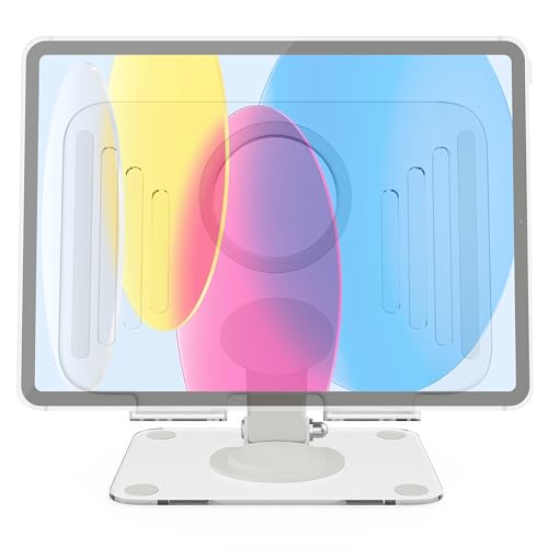 Soporte Tablet Mesa Escritorio Compatible con iPad Transparente Regulable en Altura Giratorio 360º Plegable