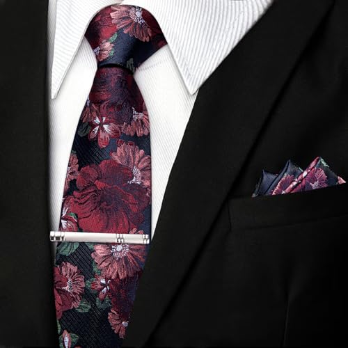 Image of DiBanGu Silk Floral Ties for Men Woven Paisley Necktie and Tie Clip Handkerchief Cufflinks Set for Party Wedding