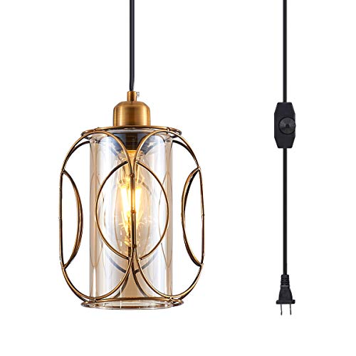 YLONG-ZS Gold Pendant Light Plug in,Glass Hanging Lamp Dimmable, Vintage Swag Ceiling Lamp for Kitchen Island,Bedroom,Living Room,Dining Room YL11A-Bronze