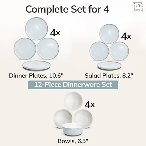 Image of 12 Piece Stoneware Dinnerware Set for 4 - Handmade Reactive Glaze Plates and Bowls Set - Chip & Scratch Resistant Dish Set - Dishwasher Microwave Safe - Light Beige & Blue