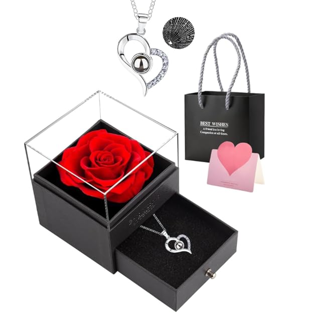 Finalize Rose Flower with Heart Necklace, Gift for Wife, Girlfriend, Fiancée On Valentines Day Birthday Wedding Anniversary, Necklace with Rose Flower Box Bag Gift Card- (Rose)