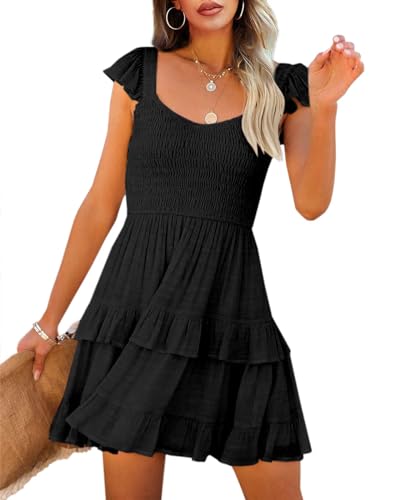 Imily Bela Damen Sommerkleid Elegant Rüschen Ärmellos Minikleid Gesmokt A-Linie High Waist U-Auschnitt Kleid(Schwarz, S)