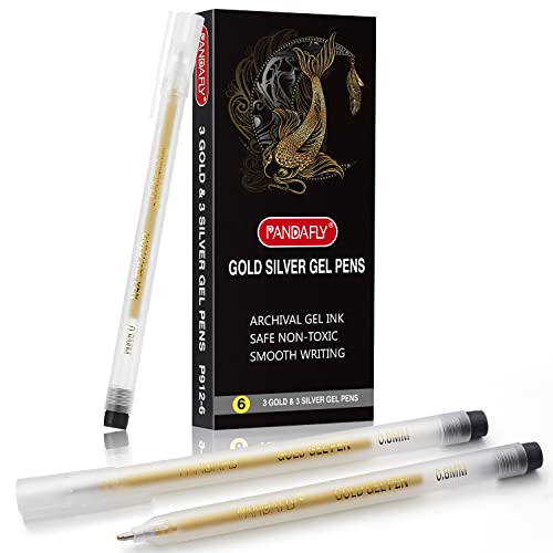 Pandafly Gold Silver Metallic Gel Pen Set, 0.8Mm Fine Point Gold Silver Gel Ink Pens, Archival Gel Ink Pens For Artist, Black Paper Drawing, Sketching, Writing, Illustration, Pack Of 6 #TOP6