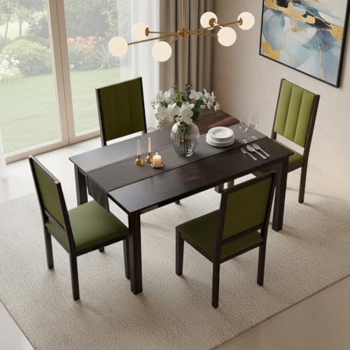 Image of DRIFTINGWOOD Tiya Dining Table 4 Seater | Four Seater Dinning Table with 4 Chairs in Green Cushions for Home | Rosewood, Wanlut Finish, Self Assembly(DIY)