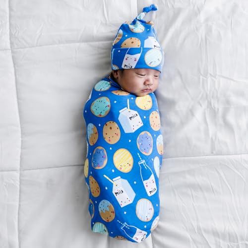 Image of Little Sleepies Swaddle & Hat Set, Baby Swaddles Newborns, Soft Viscose from Bamboo Swaddle Blanket Wrap (Blue Cookies & Milk)