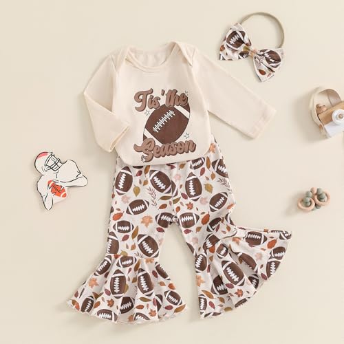 Football Baby Girl Clothes Funny Letters Print Long Sleeve Romper Football Flared Pants Headband Set Game Day Outfit2