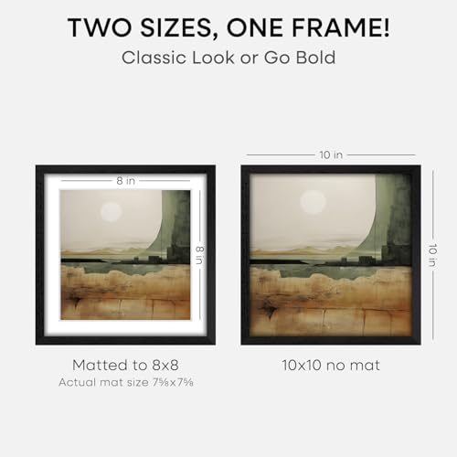 Image of Homeforia 10x10 Black Oak Picture Frame, High-End Wood, 8x8 Mat, Glass | High End Solid Oak Wood, Tempered Glass, Acid-Free 8x8 Removable Mat, 10x10 Edge-to-Edge Display 10x10, Wall Kit, Set Of 2
