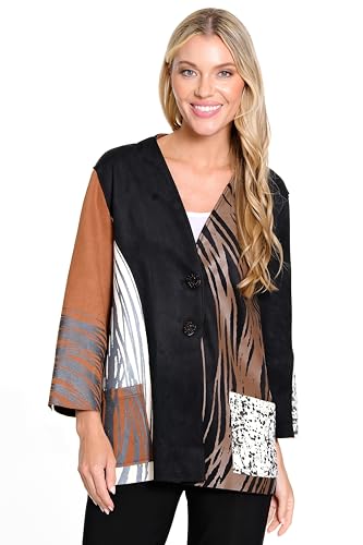 Ali Miles Women's Knit Faux Suede Printed Jacket Patch Pockets Button Detail