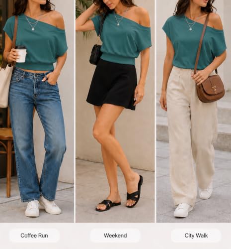Image of SOFIA'S CHOICE Women's Off The Shoulder T Shirt Crop Top Casual Summer Dolman Sleeve Asymmetrical Cinched Waist Tops