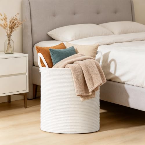 Image of 100L Extra Large Tall Cotton Rope Laundry Basket with Handle, White