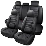 MINGBRON Black Car Seat Cover with Lumbar Support, Car Seat Protector Waterproof, Nappa Leather Car Seat Cushion, Car Seat Covers Front Seats and Back Fit for Most Cars