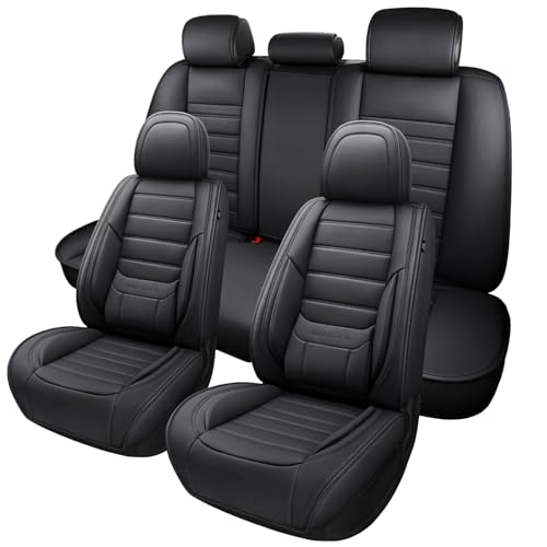 Image of MINGBRON Black Car Seat Cover with Lumbar Support, Car Seat Protector Waterproof, Nappa Leather Car Seat Cushion, Car Seat Covers Front Seats and Back Fit for Most Cars