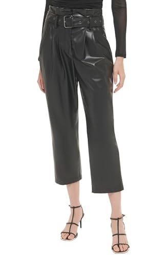 DKNY Women's Paperbag Waist Faux Leather Crop Pants (Black, 6)