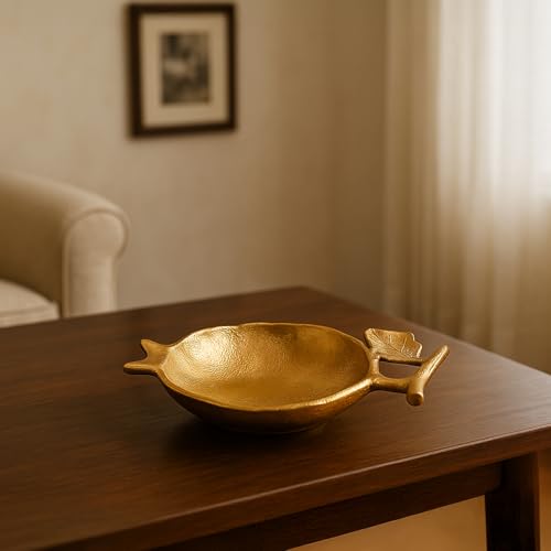 Image of MARKET 99 Golden Pomegranate Catch Dish | Glossy Aluminium Embossed Bowl for Home Decor, Table Display & Gifting |Designer Decorative Catch-All Tray for Dining, Center Table & Festive Use