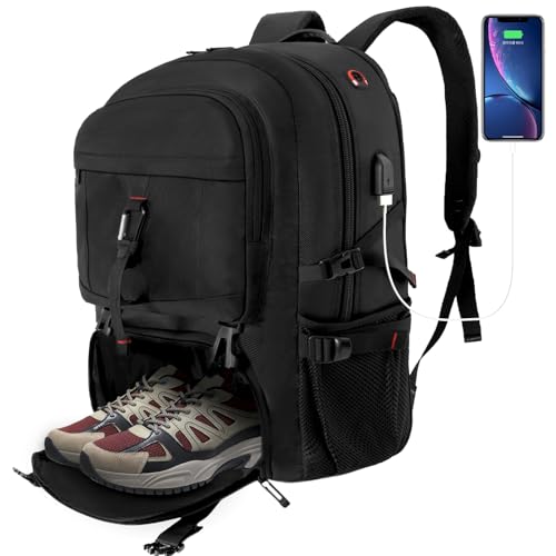 BQKOZFIN 80L Travel Backpack, Expandable Travel Laptop Backpack with USB Charging Port Fits 17 Inch Laptop, Waterproof Carry On Backpack for Airplanes with Shoe Compartment, Casual & Hiking Backpack