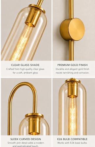 Image of Long Glass Wall Light with Modern Gold Finish Fixture Metal for Bedside, Bedroom, Living Room, Drawing Room, Passage, Show Peice, Home, Hotel, Bar, Cafe, with 30cm Long Bulb (Gold)