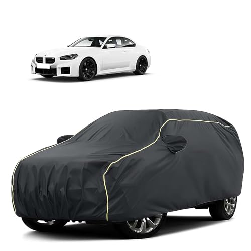 Image of Sulfar 100% Water Resistant Car Body Cover Compatible with Mirror for BMW M2 (Triple Stitched, Full Bottom Elastic, Dark Grey Tafetta with Yellow Piping)