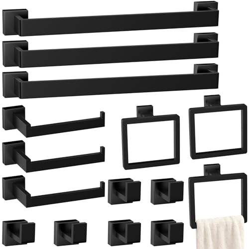 Image of 15-Pieces Matte Black Bathroom Accessories Set, 24 Inch Bath Towel Bar Set | Stainless Steel, Towel Ring, Toilet Paper Holder, Robe Hooks, Towel Racks for Bathroom Wall Mounted, Bathroom Hardware Set