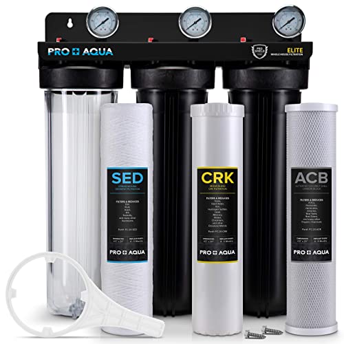 PRO+AQUA ELITE Whole House Water Filter 3 Stage Well Water Filtration System w Gauges, PR Button, 1” Ports, Filter Set