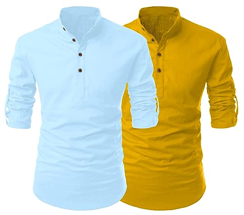 Image of FINIVO FASHION Combo of Men's Cotton Blend Solid Regular Fit Full Sleeve Straight Short Kurta Shirt, Casual and Formal Wear