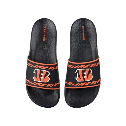 FOCO NFL Men's Officially Licensed Sports Slippers Primary Logo Team Color Stripe Molded Football Slides - Cincinnati Bengals - Black - (Large 11-12)