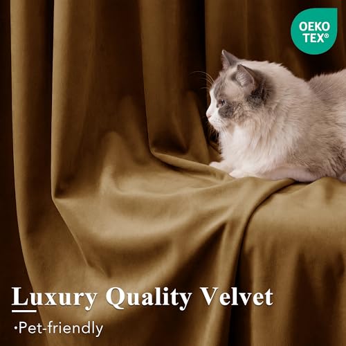 Image of Gold Brown Velvet Curtains for Living Room Boho, W52 x L63, 2 Panels | 300GSM Soft Velvet Drapes, Thermal Insulated, Window Back Tab Luxury Privacy Home Decor, Room Darkening, Blackout, Bedroom