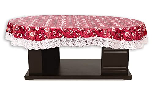 Image of The Furnishing Tree Waterproof PVC Oval Shaped 8 Seater Table Cover WxL 60x90 inches Floral Pattern Magenta with White Border lace