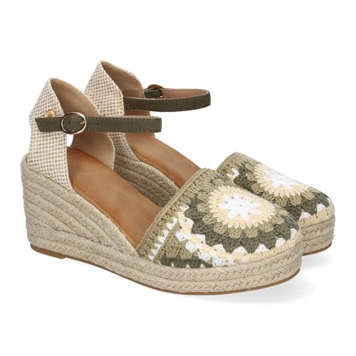 90153 Sandalias Valencianas de Cuna para Mujer con Diseno de Flores, Adornos Bordados y Cierre de Hebilla, Comodas, Ideales para Dias de Verano. Verde Talla 39