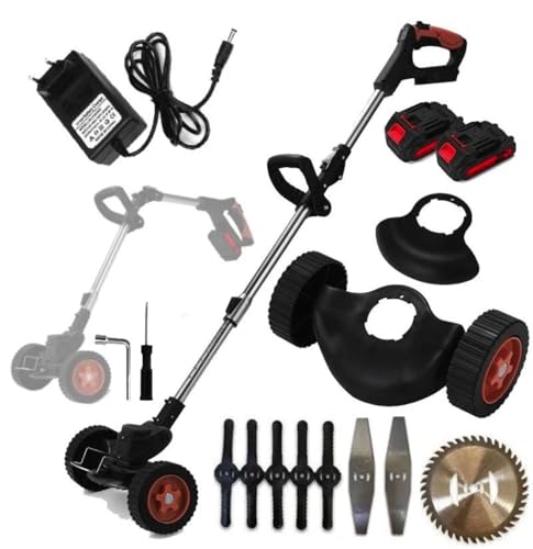 MF artSHOP Desbrozadora eléctrica a batería 48 V, multifunción con marco plegable 90°, cuchillas de acero y disco sierra, ruedas extraíbles, sistema anticolisión, protección de seguridad