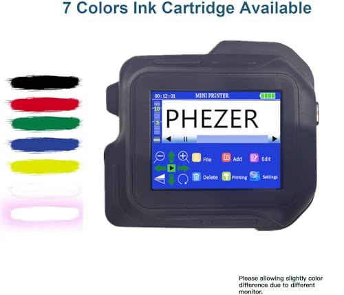 Image of Phezer Portable Mini Handheld Inkjet Printer PC98 for Flat and Curved Surface, with Touch Screen Quick-Drying Ink Cartridge, 0.5 inch Print Height for Label Logo Date Code Text Number Image
