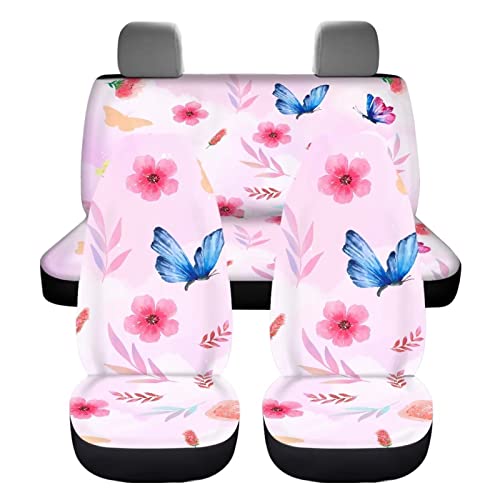 Image of Flower Butterfly Design Pink Seat Covers for Cars Full Set Elastic Durable Non Slip Two Front Seat Cover Rear Bench Universal Car Seat Protector Fit Trucks SUV Comfort Soft Automotive Seat Cover