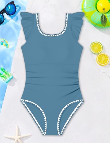 Image of Girls Swimsuit Ruffled Square Neck Color Contrast Trim One Piece Bathing Suit Geometric Girls' Swimwear 9-16Y