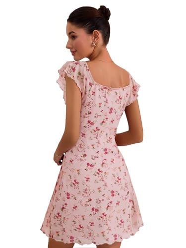 Image of Floerns Women's Floral Print Cap Sleeve Dress Square Neck Tie Front Summer A Line Cute Mini Dresses