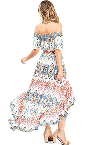 Flying Tomato Women's Off Shoulder Hi-Low Floral Dress (Large, Abstract Ivory) #TOP2
