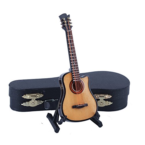 Wooden Miniature Guitar Replica with Stand and Case Bookshelf Sculpture