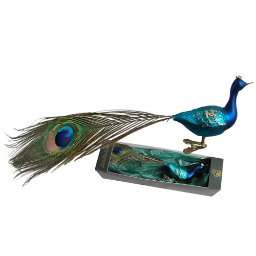 Krebs Glas Lauscha - Christbaumschmuck/Glasvogel - Motiv: Pfau - Farbe: Blau - Größe: 28 cm - Made in Germany