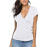 EMOTTOS Camisetas de Verano con Botones para Mujer, Y2K Slim Fit V-Cuello Cruzado Wrap Camisas, Suave Crop Top Profundo Cuello en V Camisa, Botón Túnica Tops Blusa, Moda Skinny Y2K tee Shirt（White-L）
