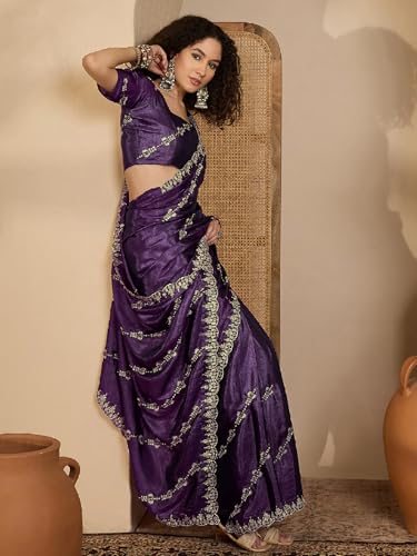 Image of SIRIL Women's Shimmer Georgette Embroidery Scalloped Border Saree with Unstitched Blouse Piece