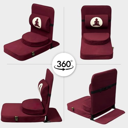 Image of Friends of Meditation Relaxing Buddha Meditation Chair | Detachable Rectangular Back Support & Zafu Cushion | Portable Folding Chair | Floor Chair with Back Support | Yoga Chairs for Adults | Maroon