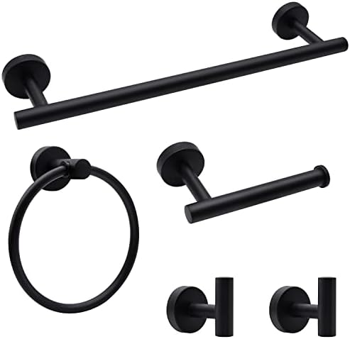 Bathroom Hardware Set, 5/10/20pcs Bathroom Hardware Set, Stainless Steel Bath Hardware Set Including 16" Hand Towel Bars, Toilet Paper Holders, Towel Rings, Robe Towel Hooks (5pcs, Black)