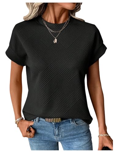 GORGLITTER Women's Short Sleeve Crewneck Textured T Shirts Casual Basic Summer Tops Shirt Black Large