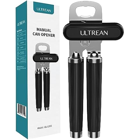 Ultrean Manual Can Opener Bottle Opener, Heavy Duty Stainless Steel Smooth Edge Manual Hand Held Can Opener With Soft Touch Handle, Rust Proof Oversized Handheld Easy Turn Knob (Black) Cover