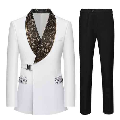 Suits for Men Slim Fit Shawl Lapel Tuxedo Blazer Hot Fix Rhinestones Flap Pockets Prom Party Event Banquet Performance