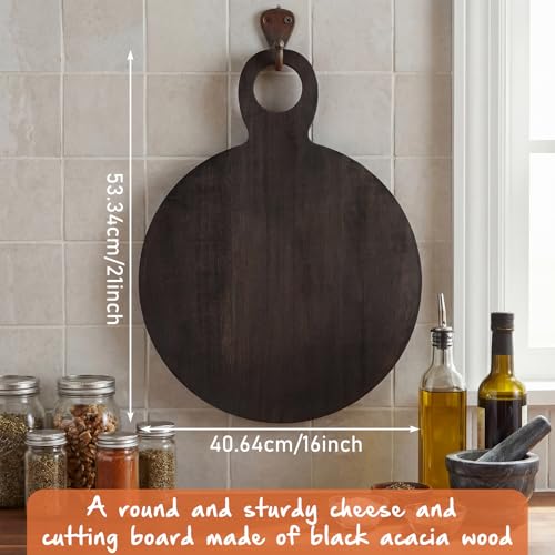 Image of 1 Pcs Acacia Wood Cutting Board with Handle 21'' Circle Charcuterie Chopping Board for Pizza Cheese Meat Decorative Black Wooden Serving Tray for Kitchen and Dining Room