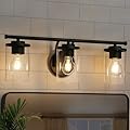 Black Bathroom Light Fixtures, 3 Light Farmhouse Modern Vanity Lights with Clear Glass, Wall Sconce Vanity Lighting Over Mirror for Hallway & Cabinet