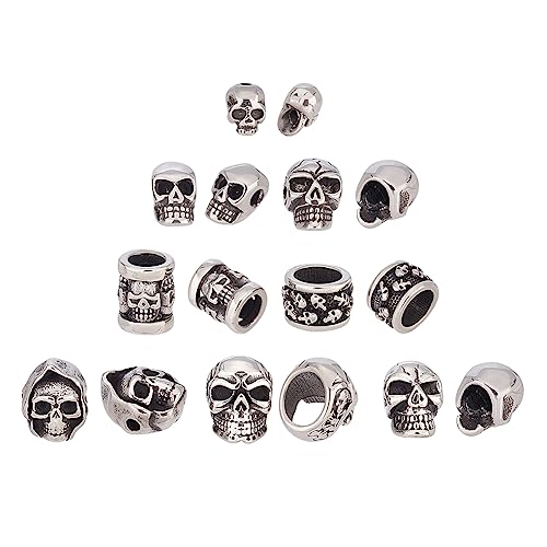 UNICRAFTALE 8 Stück Perlen, Totenkopf, 304 Abstandsperlen, Edelstahl, Antiksilber, lose Perlen, 1,5~8,5 mm, Loch, europäische Perlen für Halskette, Armband, Halloween, 8 Stück