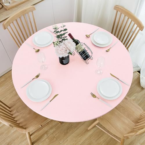 NLMUVW Round Fitted Vinyl Tablecloth with Elastic Edge 100% Waterproof Oil Proof PVC Table Cloth Wipe Clean Table Cover for Indoor and Outdoor, Light Pink, 57"- 65"