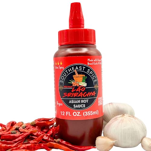 SOUTHEAST SPICE ORGANIC HOT SAUCE - Original Lao Sriracha, bottle red chili sweet garlic pepper siracha, extra Asian sauces, vegan premium natural ingredients, for ramen hamburgers hotdogs (12 Fluid Ounce)