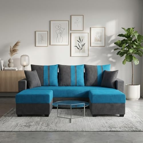 Image of Zenix 5 Seater L Shape Sofa Set with 2 Movable Ottomans | Flexible Layout | Rich Velvet Suede Fabric | Silver Legs | Spacious Seating | Modern Sofa for Living Room (Dark Grey-Aqua Blue)